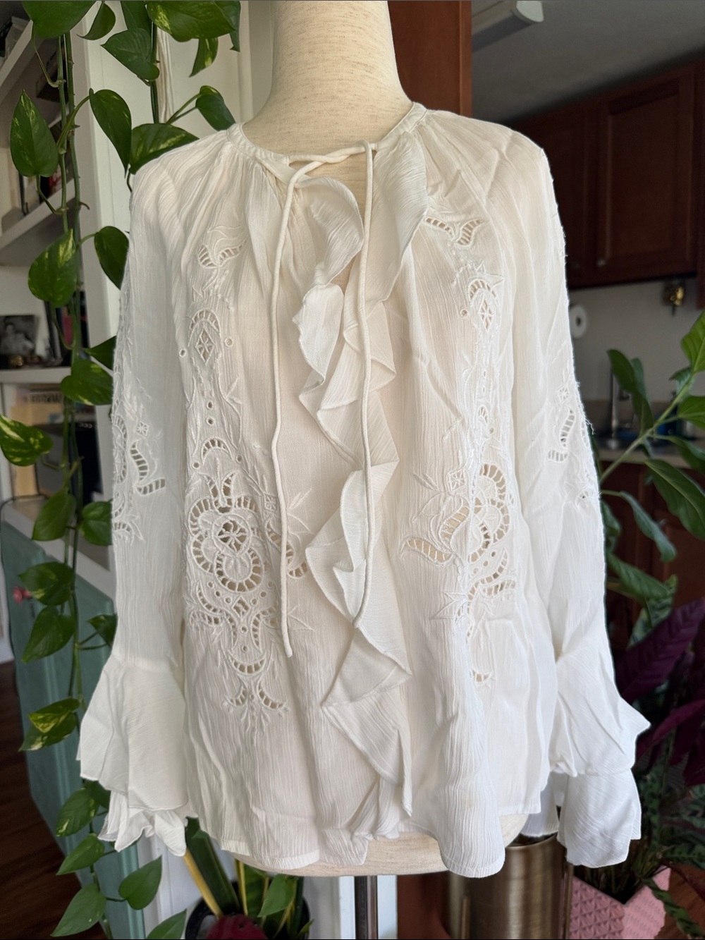 ba&sh White Ruffle Eyelet Lace Peasant Blouse